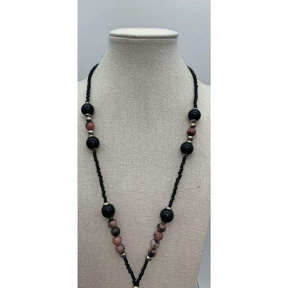 Vintage Signed French Designer DUBAUX Black & Pink Beaded Stone Pendant Necklace - Picture 5 of 7
